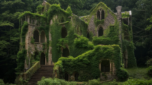 Castelo de palácio abandonado coberto de vegetação hera e videiras Edifício é capturado pela natureza e vegetação