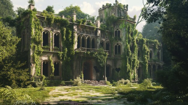 Castelo de palácio abandonado coberto de vegetação hera e videiras Edifício é capturado pela natureza e vegetação