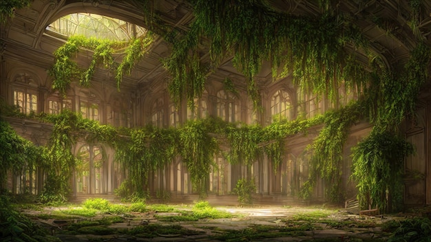 Castelo do palácio abandonado coberto de vegetação hera e videiras Salões vazios do átrio ninguém ao redor O edifício é capturado pela natureza e vegetação ilustração 3d