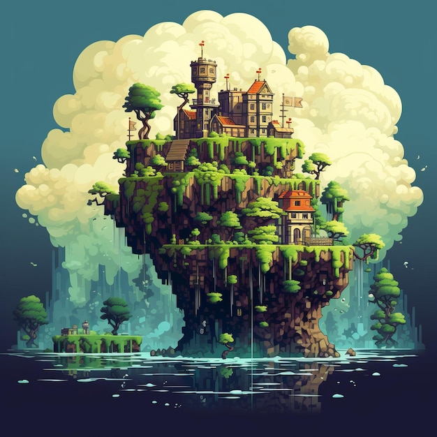 Castelo em miniatura medieval Arte moderna de pixel em estilo de paisagem tropical