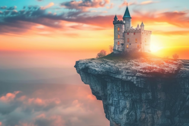 Foto castelo em paisagem de fantasia verão com pôr do sol