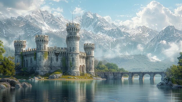 Castelo em um lago com fundo de montanha