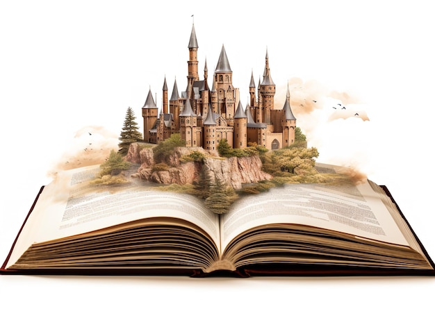 Castelo emergindo da imaginação do livro e possibilidade isolado em fundo branco gerado pela IA
