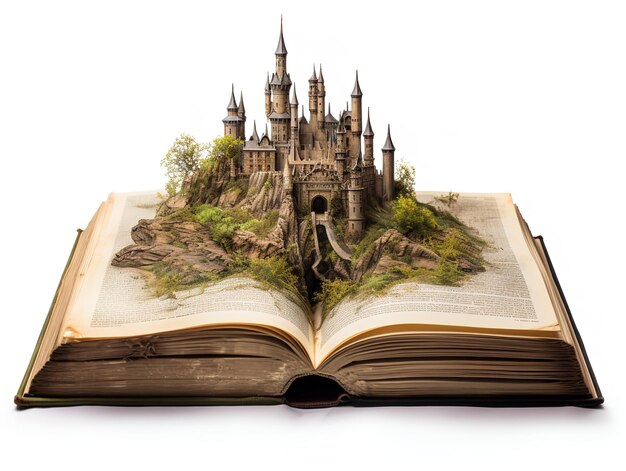 Castelo emergindo da imaginação do livro e possibilidade isolado em fundo branco gerado pela IA