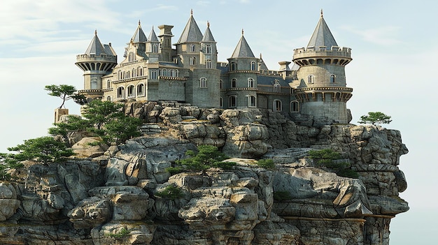 Castelo flutuante em 3D no céu em rocha