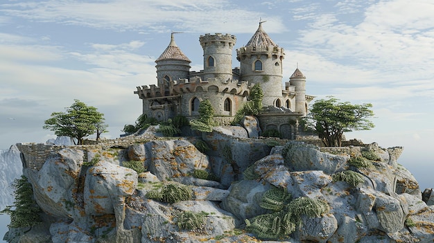 Castelo flutuante em 3D no céu em rocha