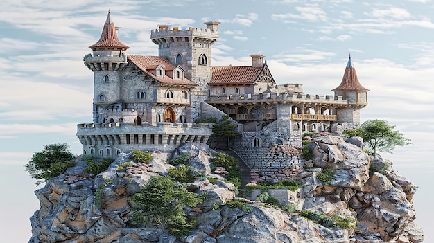 Castelo flutuante em 3D no céu em rocha