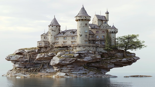 Castelo flutuante em 3D no céu em rocha