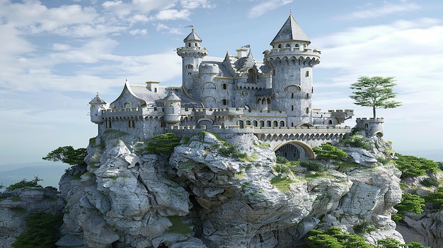 Castelo flutuante em 3D no céu em rocha