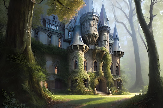 Foto castelo gerado por ia na floresta nebulosa