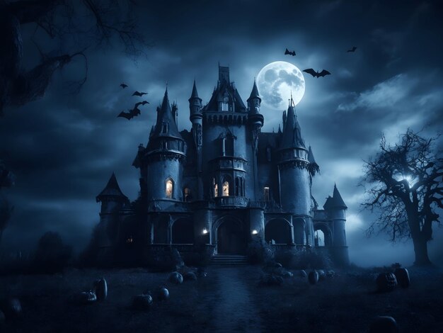 Castelo gótico assustador na noite de Halloween palácio assombrado ou mansão para fundo azul escuro