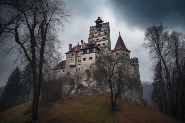 Castelo gótico cercado por montanhas e florestas misteriosas geradoras de IA