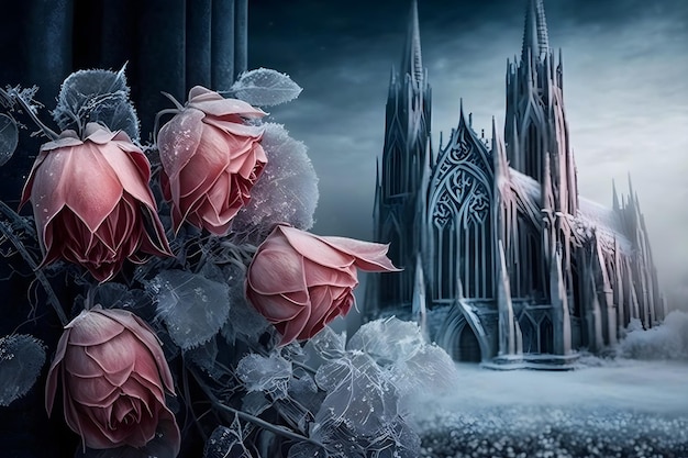 Castelo gótico de inverno com rosas Rede neural gerada por IA