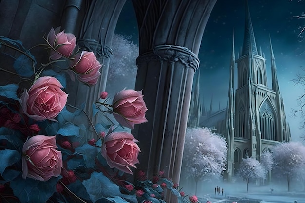 Foto castelo gótico de inverno com rosas rede neural gerada por ia