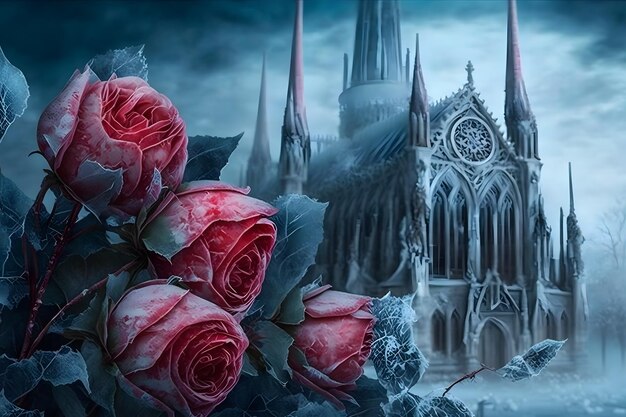 Foto castelo gótico de inverno com rosas rede neural gerada por ia