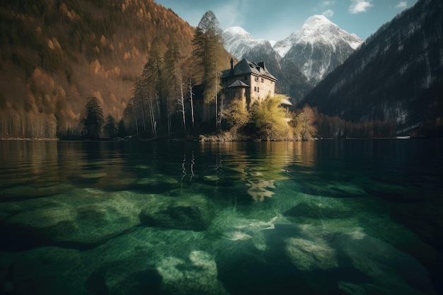 Castelo histórico do lago Alpine Plansee e cenário sublime generativo IA