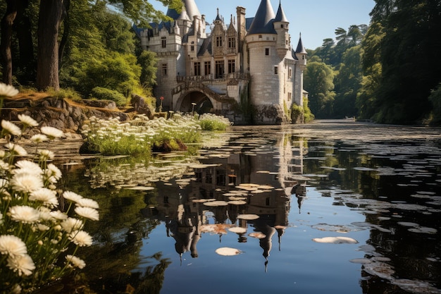 Foto castelo histórico e seu reflexo em um fosso cheio de lírios ia generativa