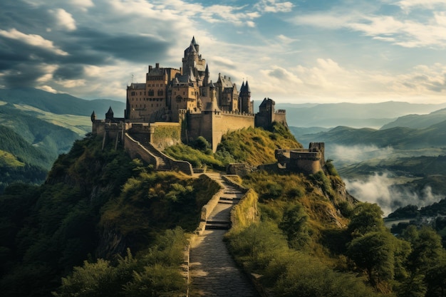 Foto castelo histórico em uma ia generativa no topo de uma colina