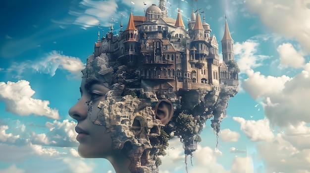Foto castelo imaginário na cabeça de uma mulher em paisagens surrealistas em 3d