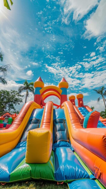 Castelo inflável para uma área de brincadeira ao ar livre para crianças ou um evento de festa de aniversário colorido