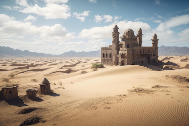 Castelo majestoso no meio de uma miragem de deserto com dunas de areia ao fundo