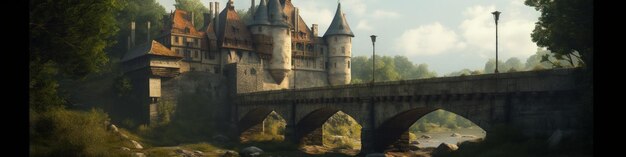 Castelo medieval colina bandeira fosso ponte floresta Generative AI