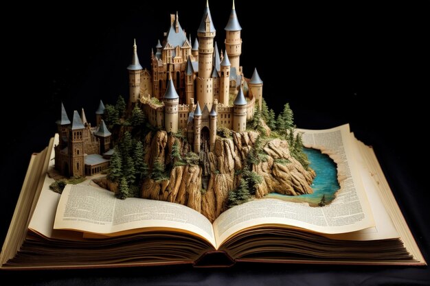 Foto castelo medieval saindo do livro história e conceito de fantasia ia generativa