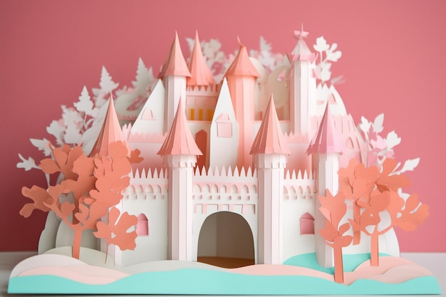 Castelo modelo 3D cor pastel e arte de papel extravagante