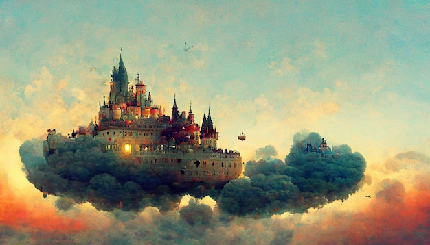 Castelo na ilustração de arte conceitual de nuvens