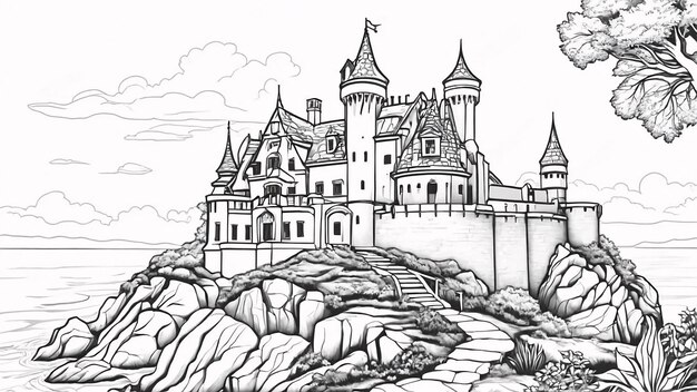 Castelo na Linha das Montanhas Rochosas Arte desenhado à mão Kawaii Ilustração de livro de colorir