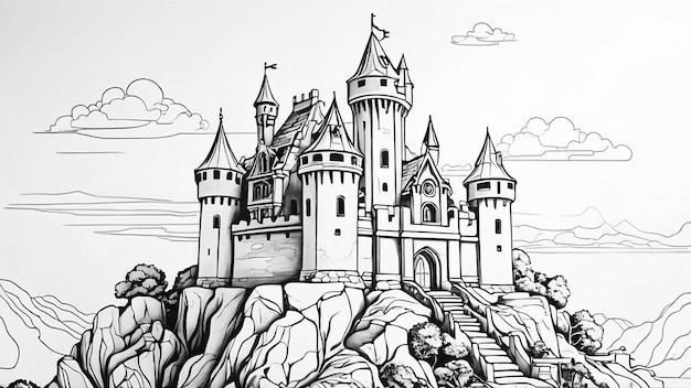 Castelo na Linha das Montanhas Rochosas Arte desenhado à mão Kawaii Ilustração de livro de colorir