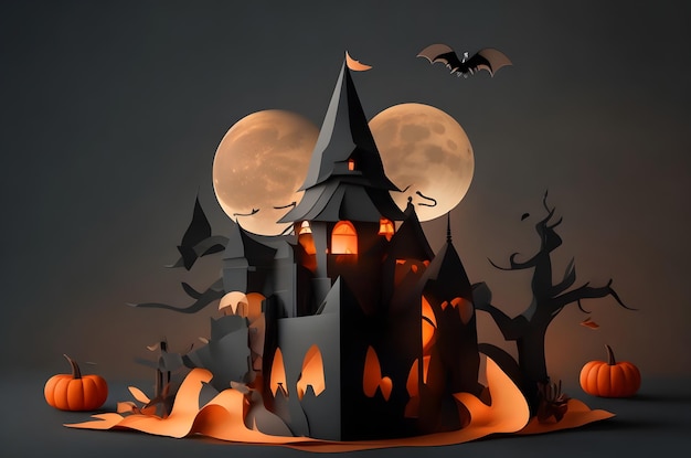 castelo preto de halloween em um estilo de arte de papel de pódio fundo gerado por ai