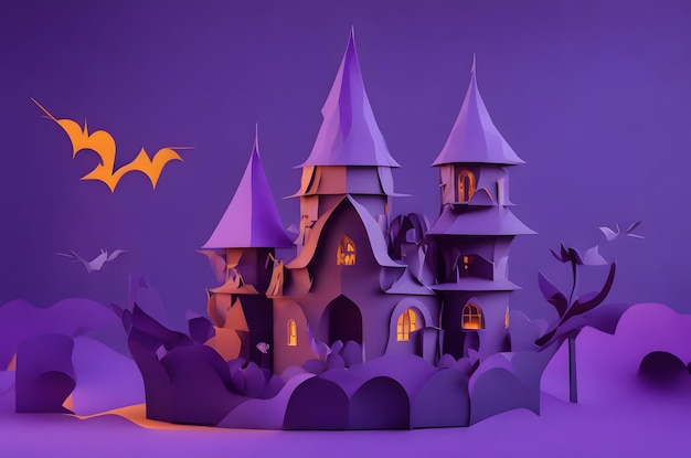 castelo roxo de halloween em um estilo de arte de papel de pódio fundo gerado por ai