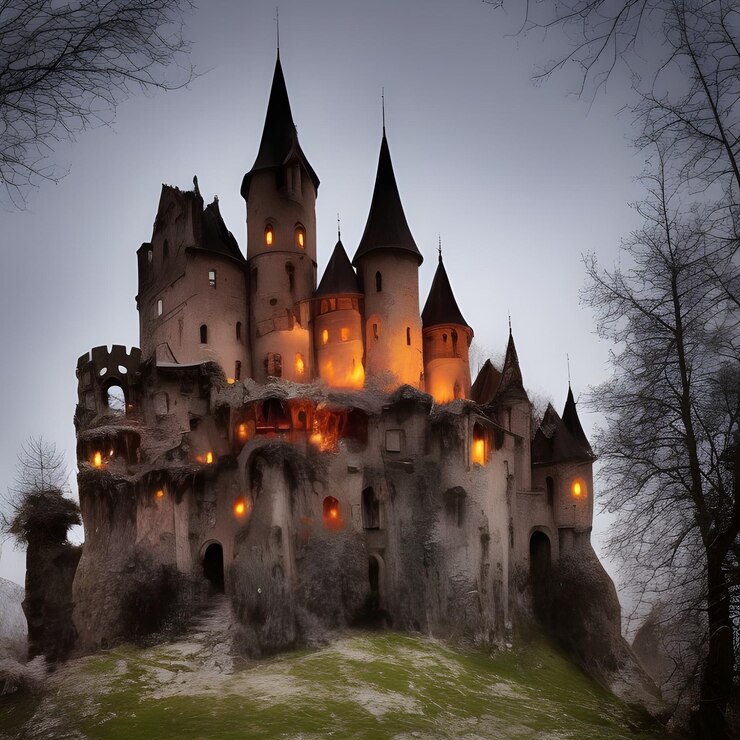 Foto castelo velho com ilustração de cemitério para o halloween. imagens da noite de halloween para papel de parede.3d illu