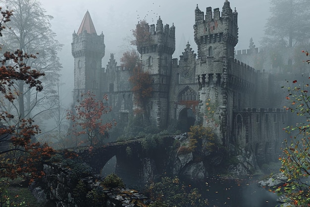 Castelos medievais encantadores cercados por nevoeiro