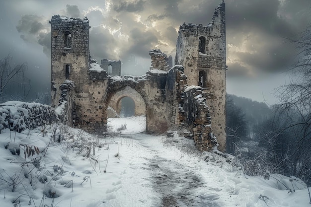 Castillo abandonado en invierno Edificio medieval antiguo fantasía Ruinas del viejo castillo Espacio de copia