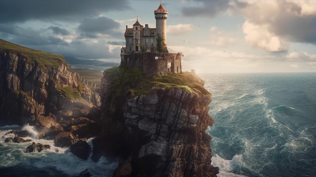 Un castillo en un acantilado con un cielo tormentoso de fondo