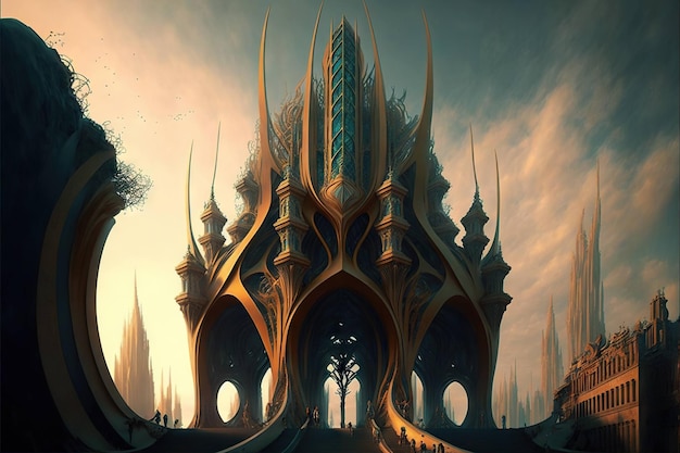 Castillo alienígena o templo de fantasía de civilización extraterrestre creado con IA generativa
