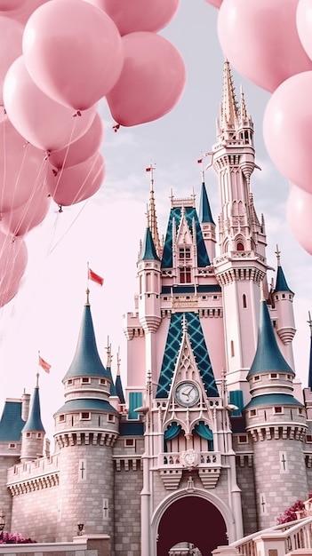 Foto castillo de arafe con globos rosados delante de él y un cielo azul generativo ai