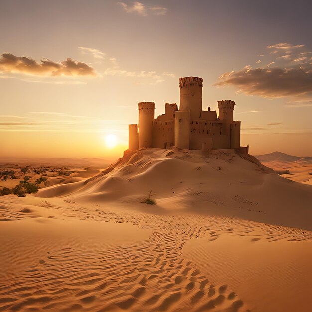 Foto un castillo está en la arena al atardecer