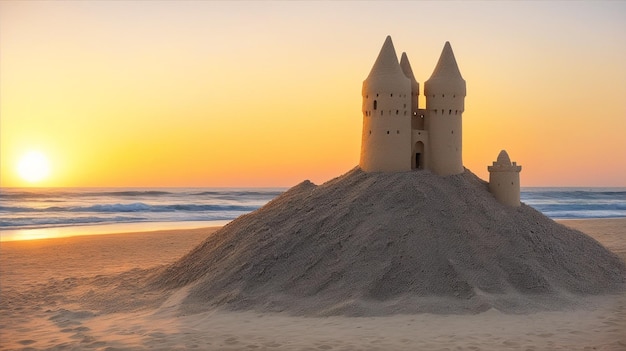 Castillo de arena construido en la playa al atardecer por IA generativa