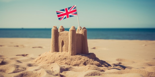 Castillo de arena en la costa con la bandera de Inglaterra IA generativa