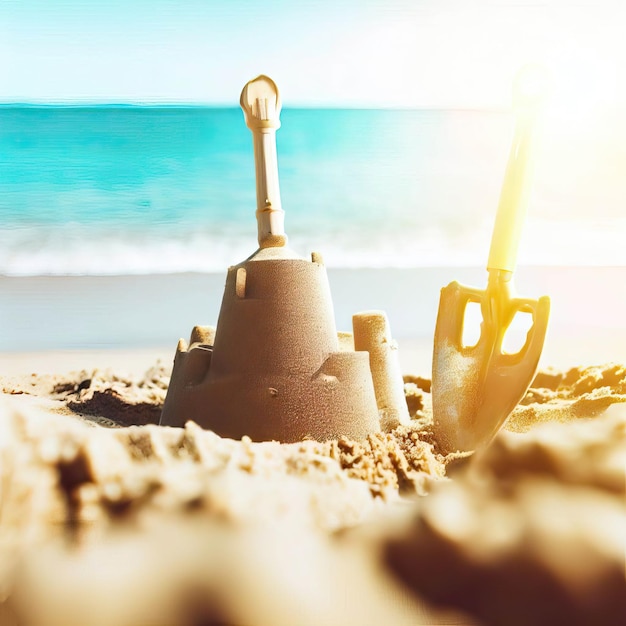 un castillo de arena está en la playa con una pala en la arena IA generativa