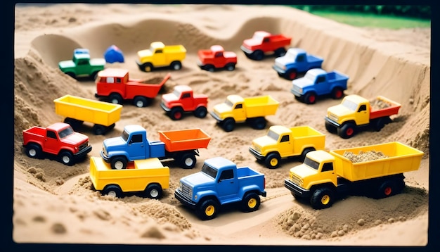 Foto un castillo de arena con un montón de coches de juguete en la arena