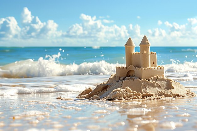 Foto castillo de arena en la orilla con las olas del océano en el fondo