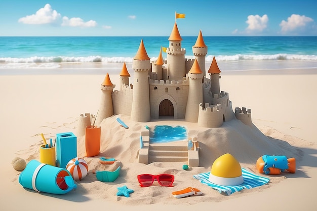 Castillo de arena en la playa y accesorios de playa el concepto de vacaciones con niños en el mar simulacro de viajes en 3D