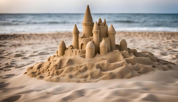 Foto un castillo de arena está en la playa en la arena