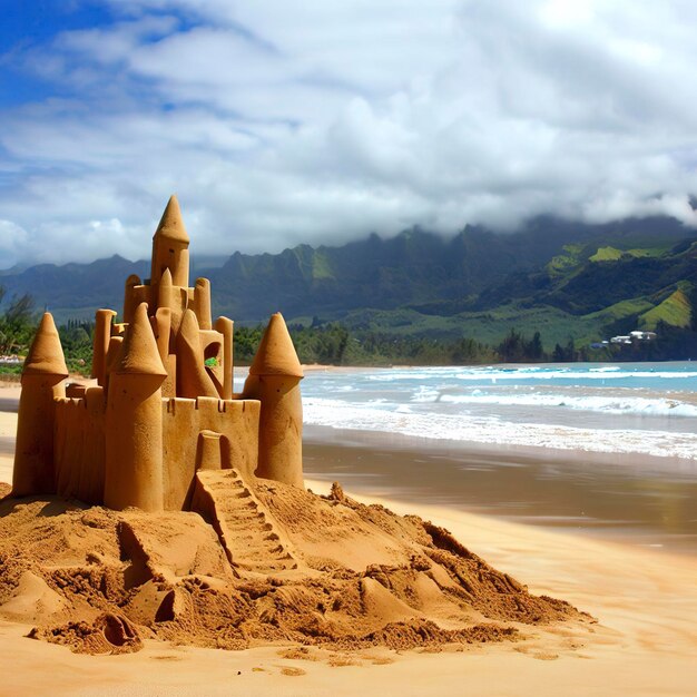 Castillo de arena en la playa de la bahía de Hanalei en Kauai