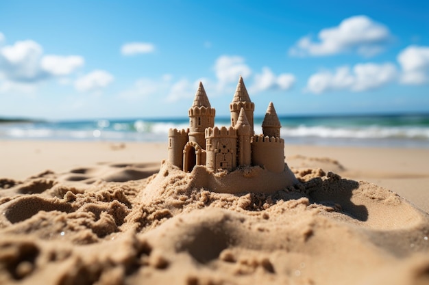 Foto castillo de arena en la playa con cielo azul fotografía profesional