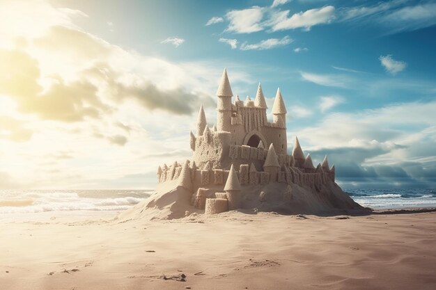 Castillo de arena en la playa con cielo de fondo